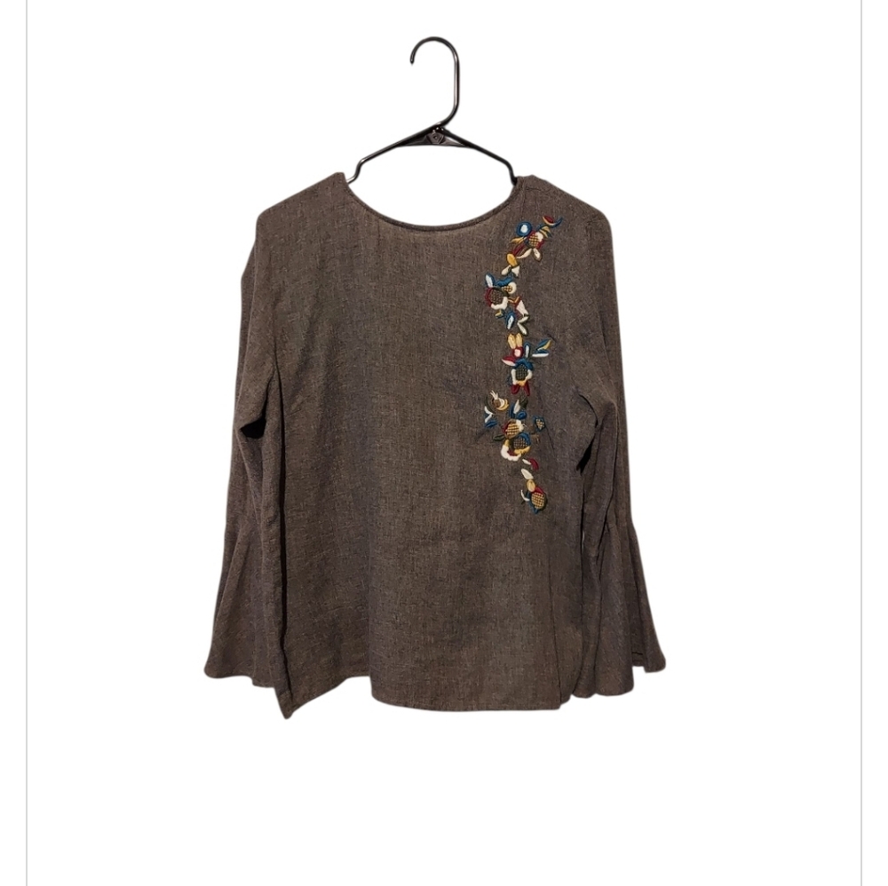 Grace Elements Boho Peasant Top Size Large Grey Floral Embroidered Cottagecore